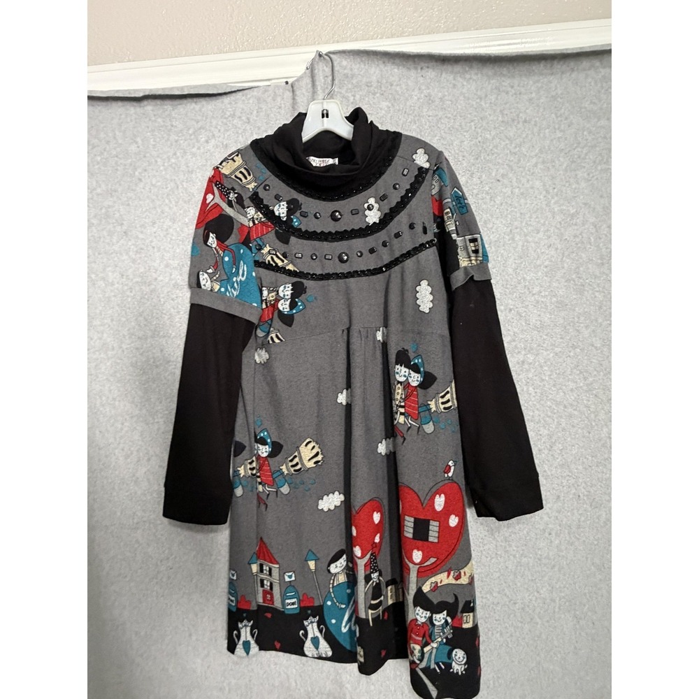 Funky People Dress Womens XL Gray Heart Graphic Cowl Sweater Swing Mini Beaded